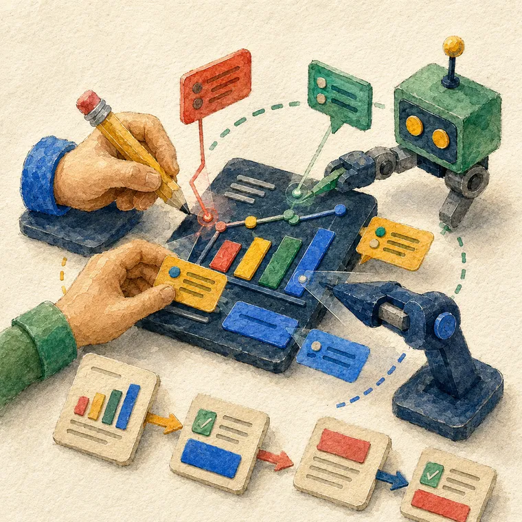 People and robot helpers working together on a shared artifact.