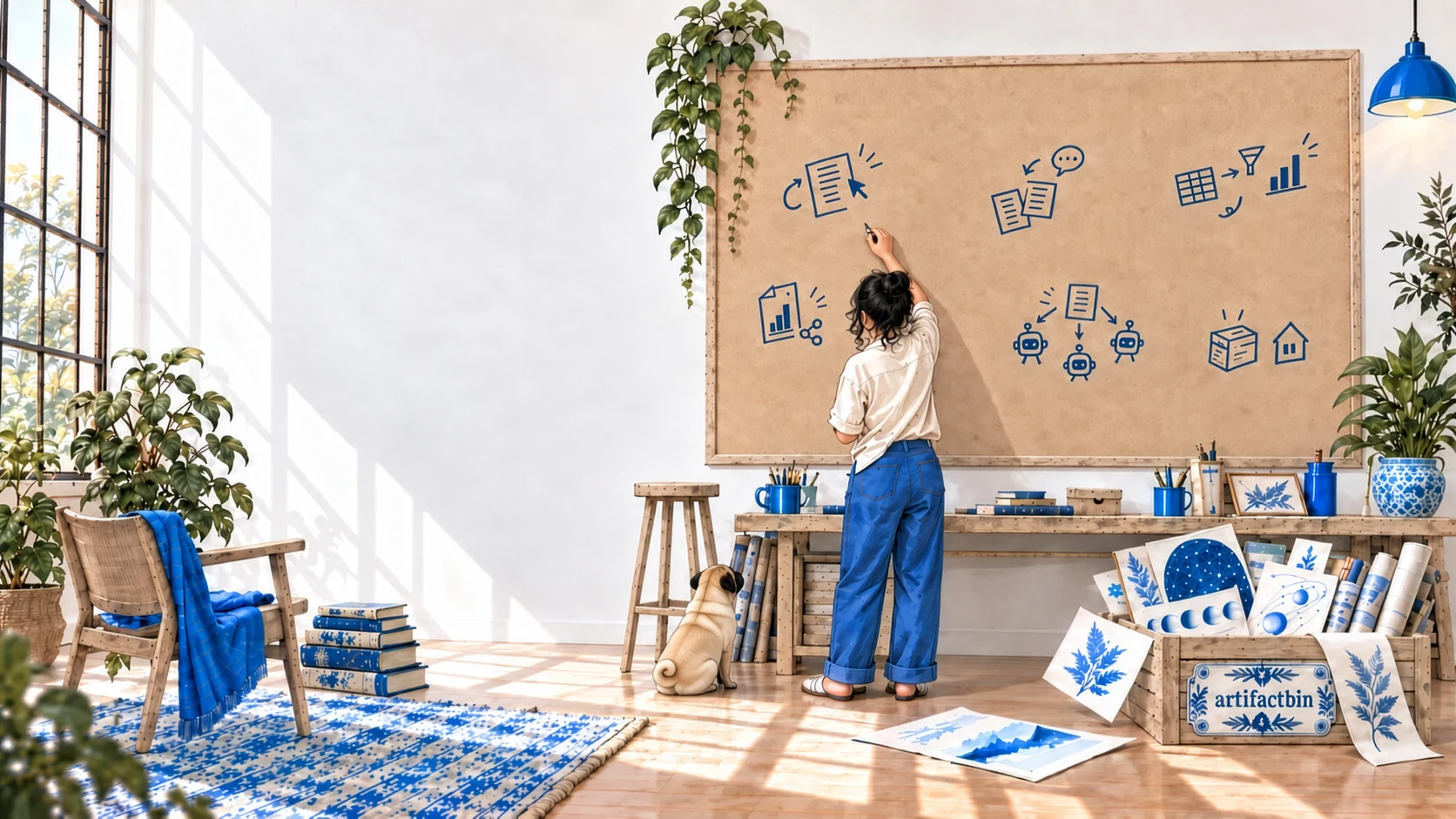 A sunlit artist’s workshop with green plants, a woman at a cork board, and small robot helpers.